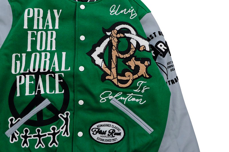 FIRST ROW GLOBAL PEACE MULTI PATCHES VARSITY JACKET (FRJ0070:GREEN
