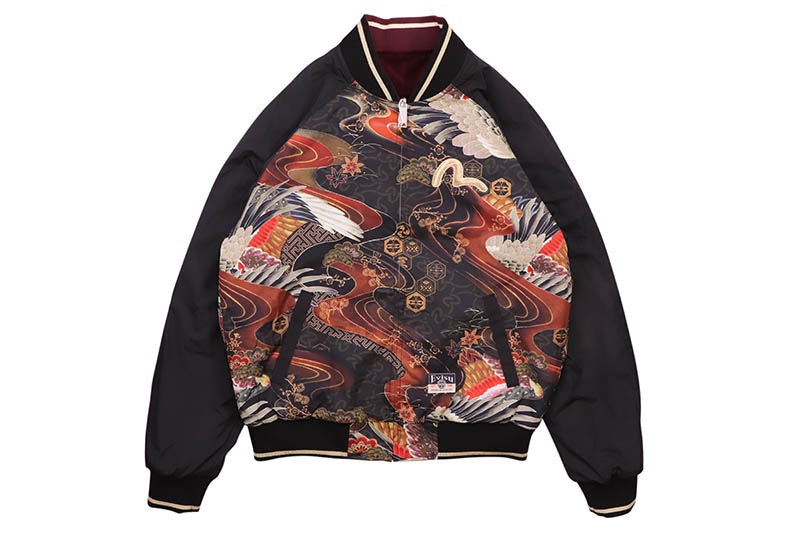 EVISU CRANE AND LOGO EMBROIDERY REGULAR FIT REVERSIBLE BOMBER JACKET (2EAHTM5JK1027XXSN:BURGUNDY)