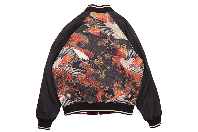 EVISU CRANE AND LOGO EMBROIDERY REGULAR FIT REVERSIBLE BOMBER JACKET (2EAHTM5JK1027XXSN:BURGUNDY)