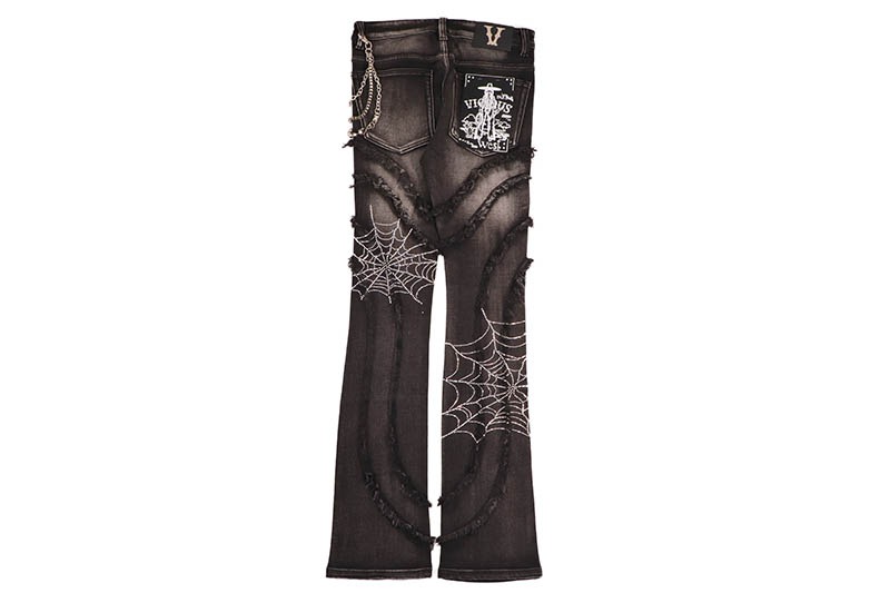 VICIOUS RHINESTONE HEART AND SPIDER WEB DENIM (VC690R:BLACK)