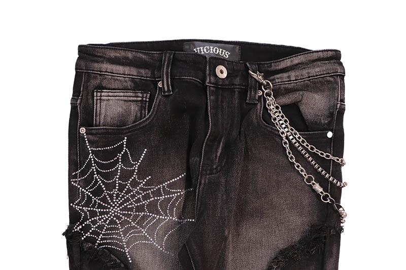 VICIOUS RHINESTONE HEART AND SPIDER WEB DENIM (VC690R:BLACK)