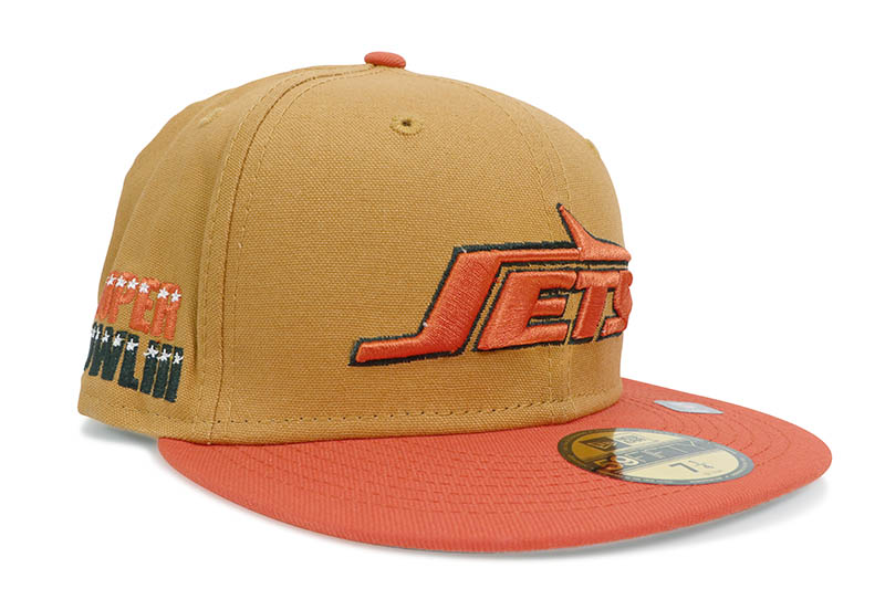 NEW ERA TURKEY BOWL NEW YORK JETS 59FIFTY FITTED CAP (1969 SUPER BOWL CUSTOM SIDE PATCH/GREY UNDER VISOR/KHAKI ORANGE)