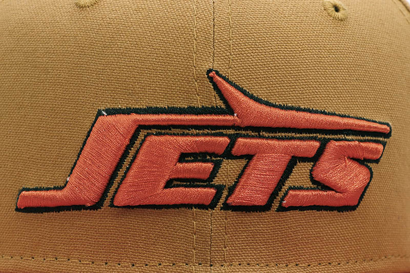 NEW ERA TURKEY BOWL NEW YORK JETS 59FIFTY FITTED CAP (1969 SUPER BOWL CUSTOM SIDE PATCH/GREY UNDER VISOR/KHAKI ORANGE)