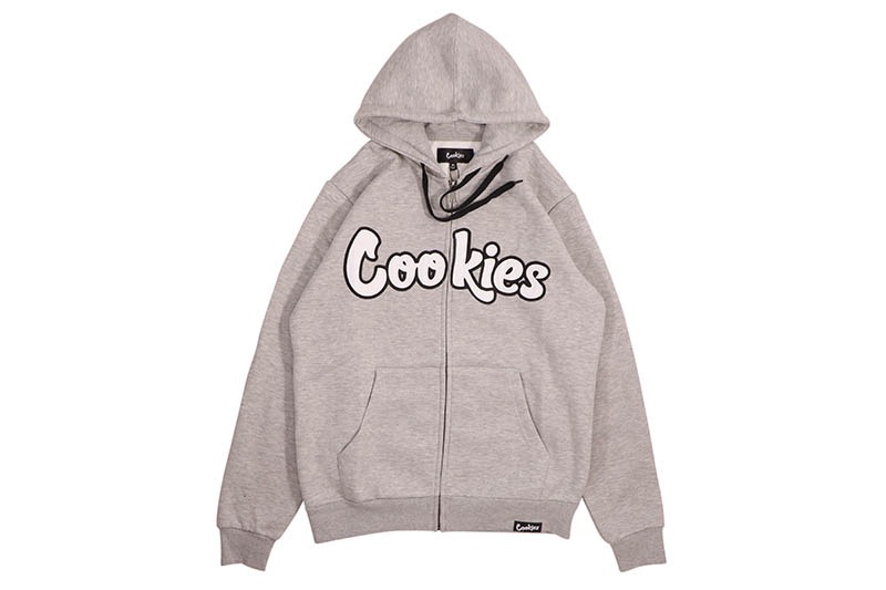 COOKIES ORIGINAL LOGO TWILL APPLIQUE ZIP FRONT HOODIE (GREY HEATHER/WHITE) CM253HFC13