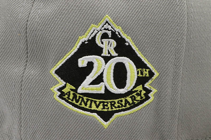 NEW ERA COLORADO ROCKIES 59FIFTY FITTED CAP (20TH ANNIVERSARY CUSTOM SIDE PATCH/NEON GREEN VISOR/COOL GREY)