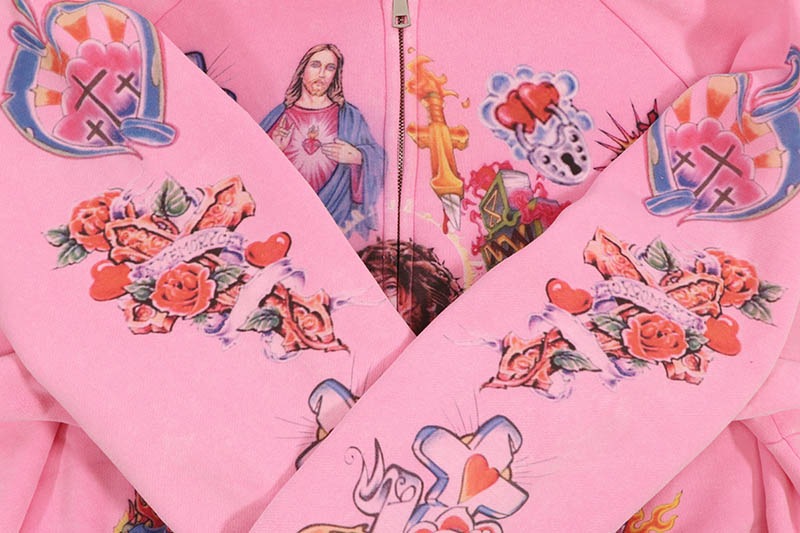 邦楽 ROSARYHILL ashdown WE ARE RIGHTEOUS RISEN KING CROPPED ZIP-UP HOODIE (PINK