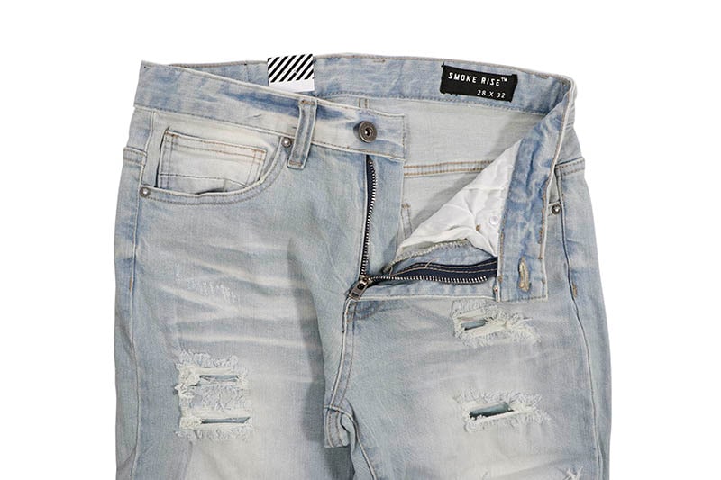 SMOKE RISE SLIM TAPERED RIP & REPAIRED COLORED JEANS (JP23532:SPECKLE BLUE)