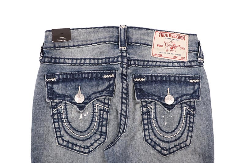 TRUE RELIGION RICKY SUPER T TRIPLE HORSESHOE STRAIGHT JEAN (109221:MEDIUM WASH WITH RIPS)