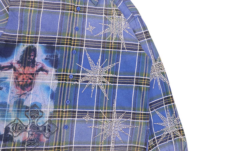 MAJESTIK RHINESTONE FLANNEL SHIRT (SH-2688:BLUE)