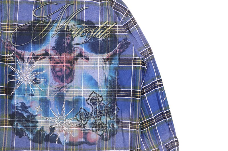 MAJESTIK RHINESTONE FLANNEL SHIRT (SH-2688:BLUE)
