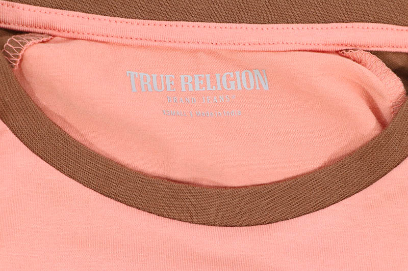 TRUE RELIGION CONTRAST LONG SLEEVE BASEBALL TEE (208408:BURNT CORAL/CAROB BROWN)