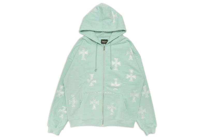 UNKNOWN LONDON CROSS RHINESTONE ZIP UP HOODIE (TURQUOISE/CLEAR STONE)