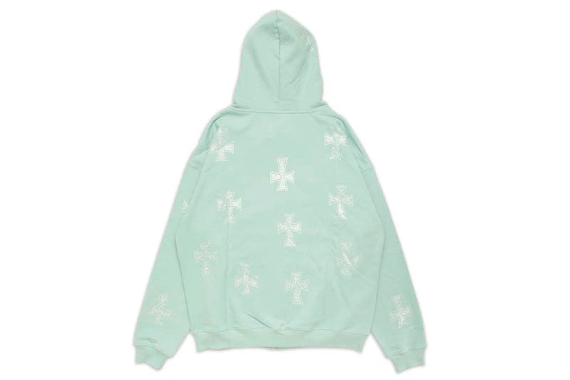 UNKNOWN LONDON CROSS RHINESTONE ZIP UP HOODIE (TURQUOISE/CLEAR STONE)