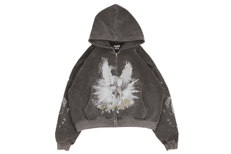 FLOOR 914 WING ZIP HOODIE (BLACK WASH)