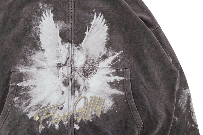 FLOOR 914 WING ZIP HOODIE (BLACK WASH)