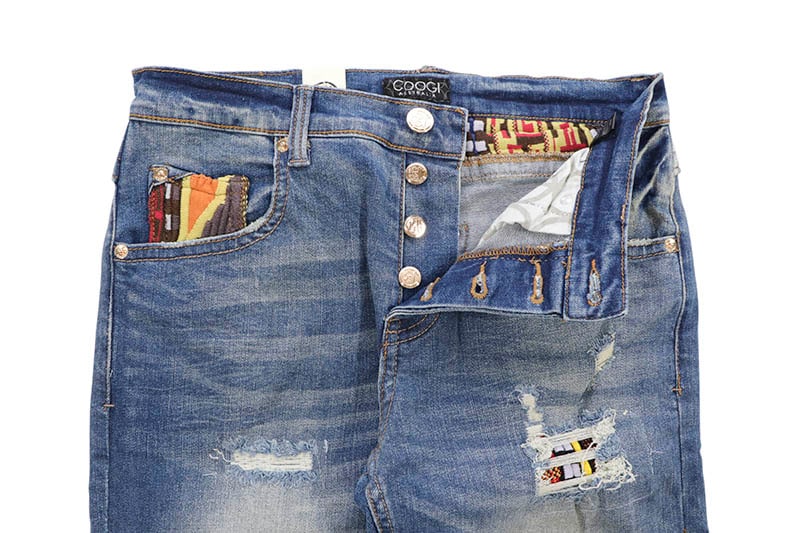 COOGI BRILLIANT MIXED-MEDIA SWEATER PIECE DENIM JEANS (CG-WB-002:INDIGO)