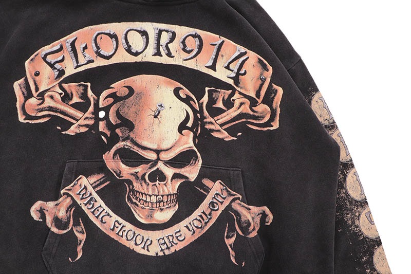 FLOOR 914 GOLD SKULL HOODIE (BLACK WASH)