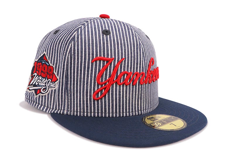 NEW ERA NEW YORK YANKEES 59FIFTY FITTED CAP (1999 WORLD SERIES SIDE PATCH/GREY UNDER VISOR/STRIPED DENIM NAVY)