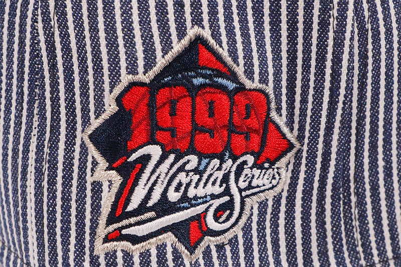 NEW ERA NEW YORK YANKEES 59FIFTY FITTED CAP (1999 WORLD SERIES SIDE PATCH/GREY UNDER VISOR/STRIPED DENIM NAVY)
