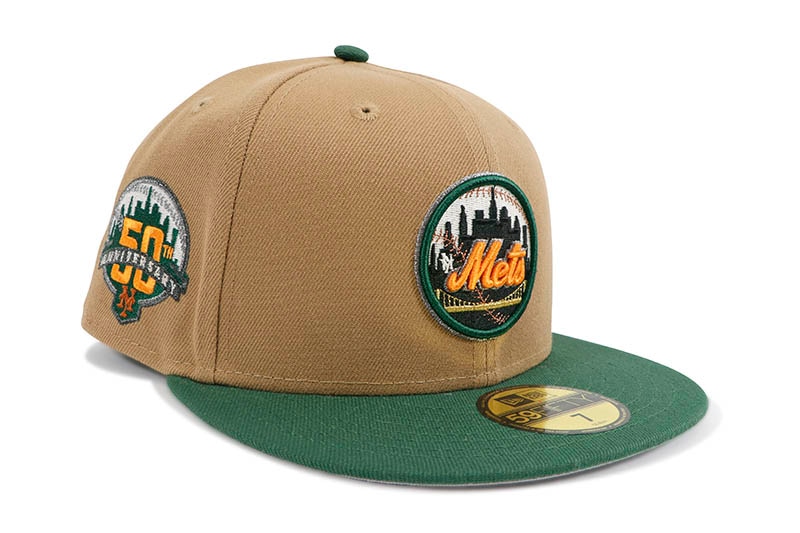 NEW ERA NEW YORK METS 59FIFTY FITTED CAP (50TH ANNIVERSARY SIDE PATCH/GREY UNDER VISOR/KHAKI C.GREEN)