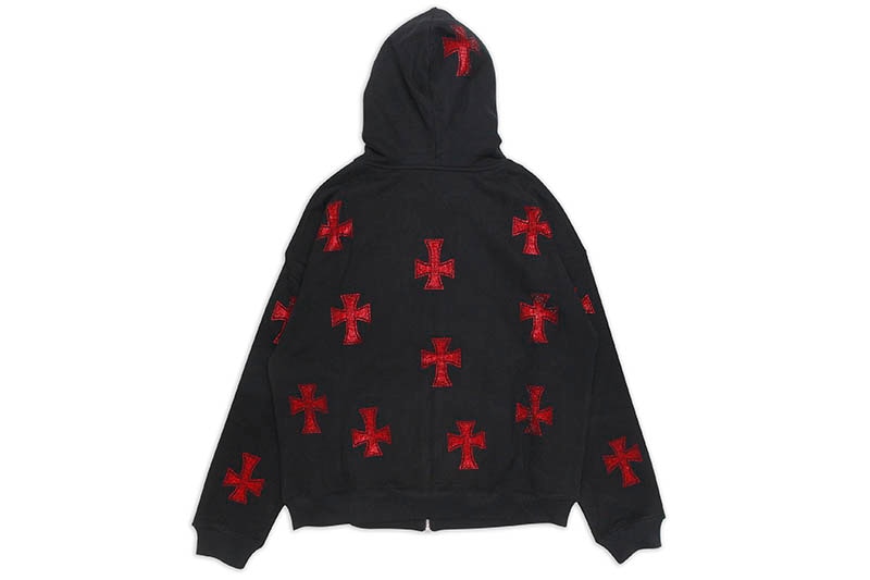 UNKNOWN LONDON CROSS RHINESTONE ZIP UP HOODIE (BLACK/RED STONE)