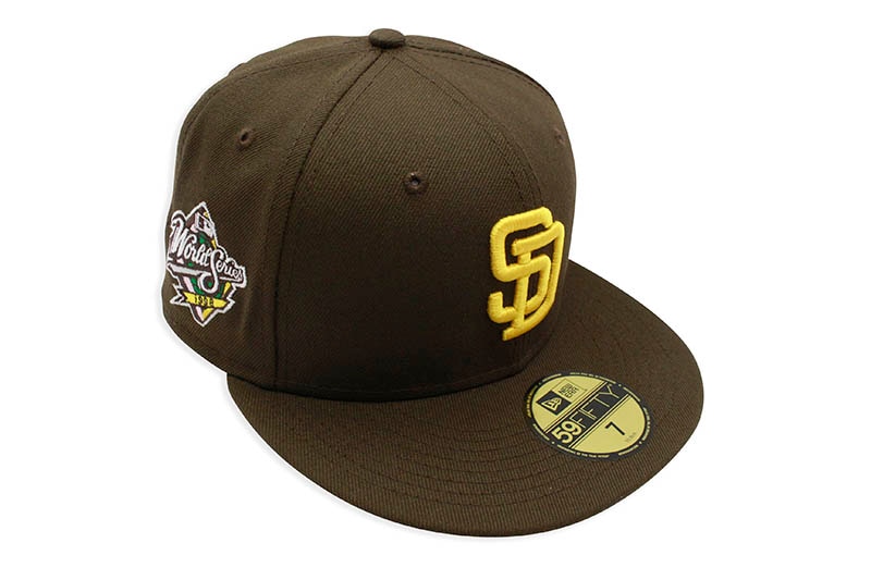 NEW ERA SAN DIEGO PADRES 59FIFTY FITTED CAP (1998 WORLD SERIES SIDE PATCH/PINK UNDER VISOR/BROWN)