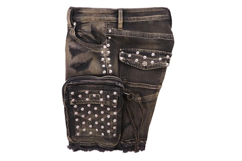 HOMME de DOULEUR STUDDED DENIM CARGO SHORTS (567:BLACK)