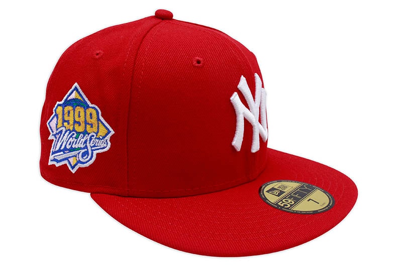 NEW ERA NEW YORK YANKEES 59FIFTY FITTED CAP (1999 WORLD SERIES CUSTOM SIDE PATCH/PINK UNDER VISOR/SCARLET)