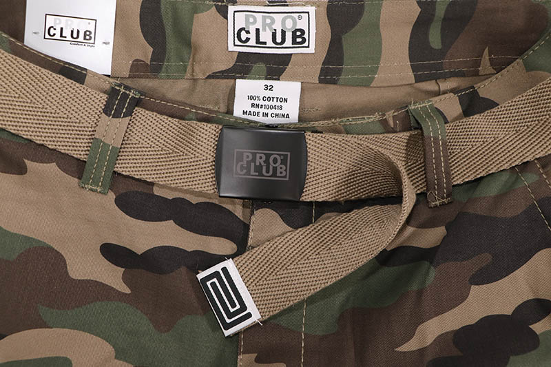 PRO CLUB COTTON TWILL CARGO SHORTS WITH BELT (GREEN CAMO) 166