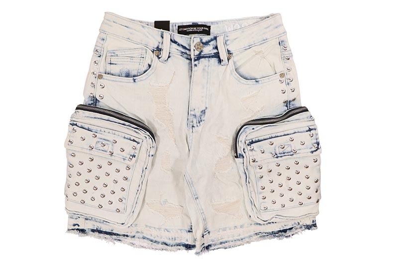 HOMME de DOULEUR STUDDED DENIM CARGO SHORTS (567:ICE BLUE)