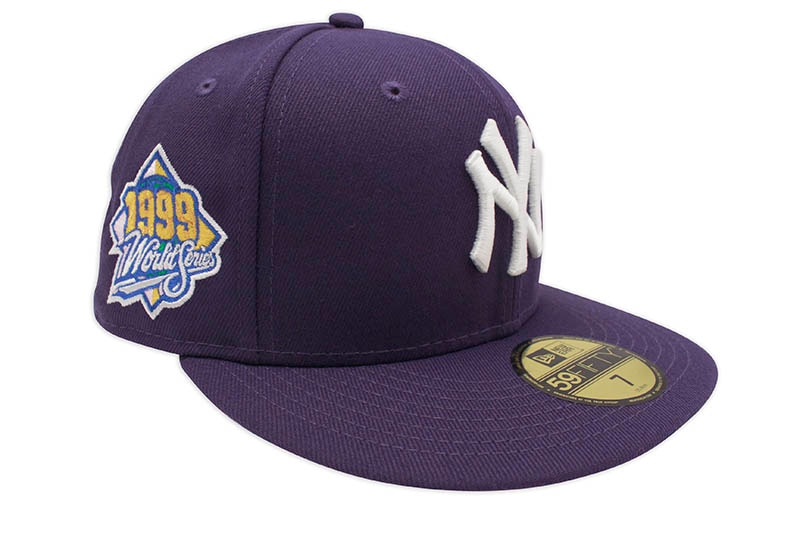NEW ERA NEW YORK YANKEES 59FIFTY FITTED CAP (1999 WORLD SERIES CUSTOM SIDE PATCH/PINK UNDER VISOR/PURPLE)