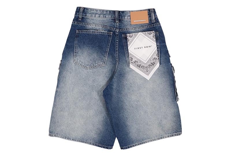 FIRST ROW WASHED MULTI CARGO DENIM JORTS (FRS3014:MEDIUM BLUE