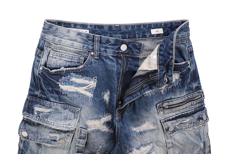 FIRST ROW WASHED MULTI CARGO DENIM JORTS (FRS3014:MEDIUM BLUE