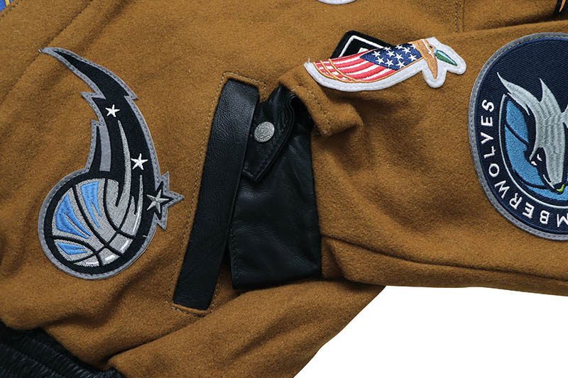 JEFF HAMILTON NBA COLLAGE WOOL & LEATHER JACKET NBA-101 (CAMEL