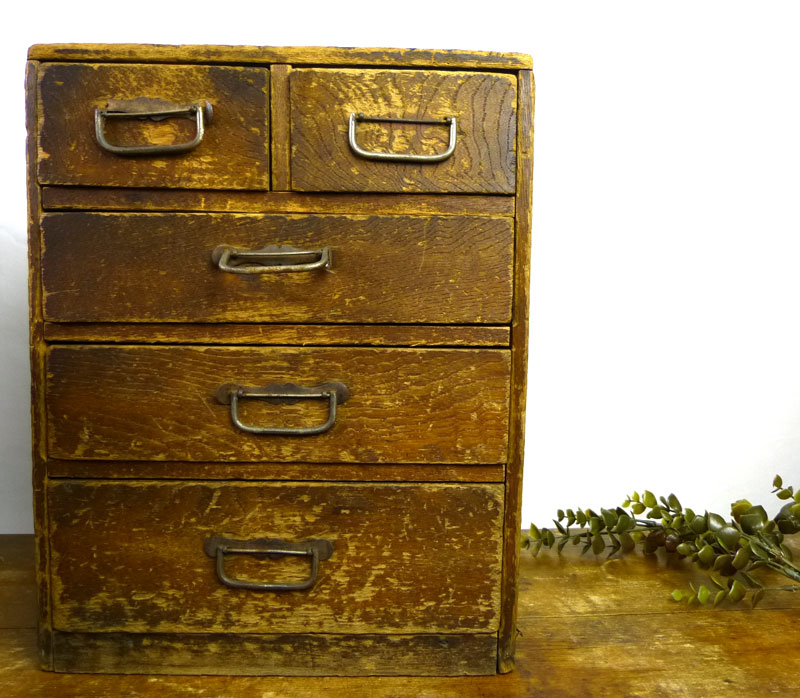 昭和レトロ 古い木味の小引出し 5杯 小箪笥 アンティーク【中古