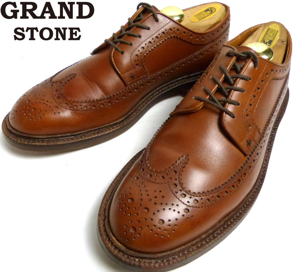 希少】GRAND STONE ロングウイングチップレザーシューズ 8D(26cm相当 