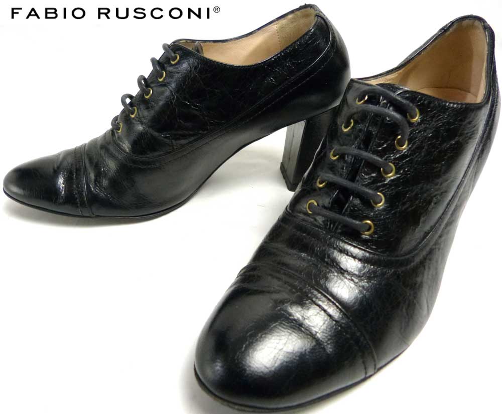 美品 FABIO RUSCONI ベロアストラップシューズ 36 ブラック ファビオルスコーニ FABIO RUSCONI スクエアトウワンストラップ