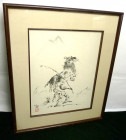 笹川和也作 カエル 水彩画 色紙 額装　捺印あり【中古】