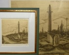 作者不明 「飯岡灯台」銅板画 / エッチング / 額装　サイン入り【中古】