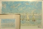 アンブール作 「ミナトノフウケイ」石版画（エディション・サインあり)(額装)【中古】