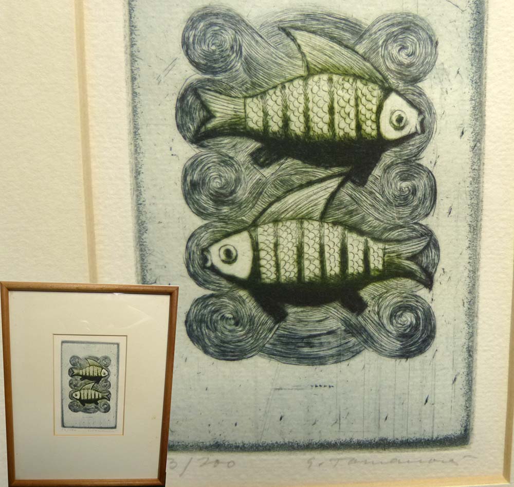 抽象画 絵画 犬 魚 テントウムシ 銅版画 エッチング オバタクミ 「箱庭の風景」 額付き 抽象画 絵画 犬 魚 テントウムシ 銅版画 エッチング オバタクミ 「箱庭