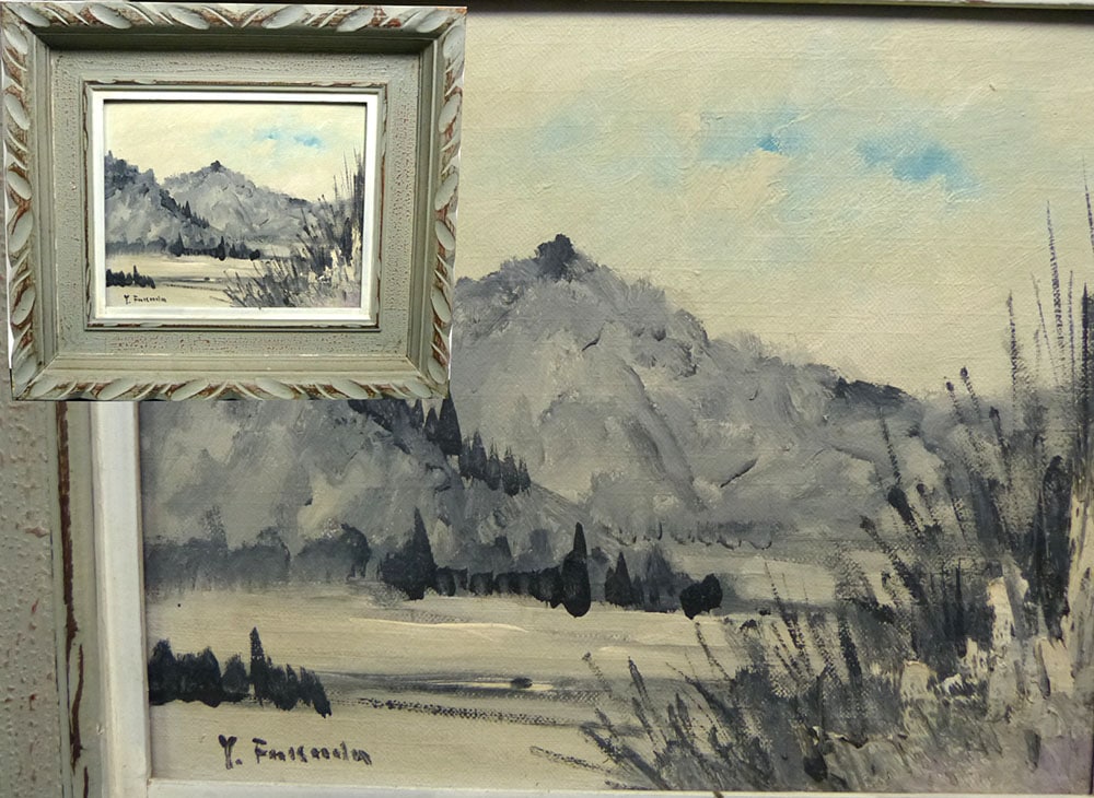 アンティーク】額縁 額装 絵画 大きめ 木枠 風景画 草木 山 川