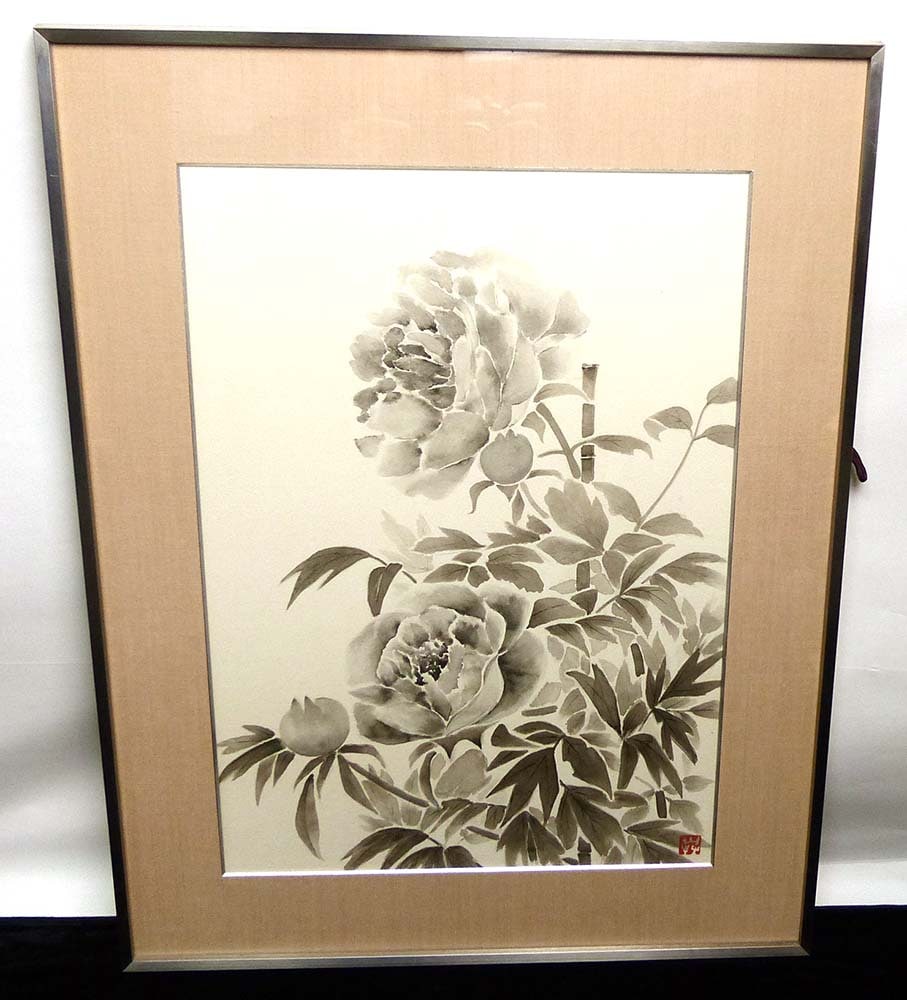 特大サイズ牡丹の水墨画送料込み