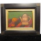 2003年作 内野 郁夫「卓のひととき」油彩画 / 油絵 SMサイズ【中古】