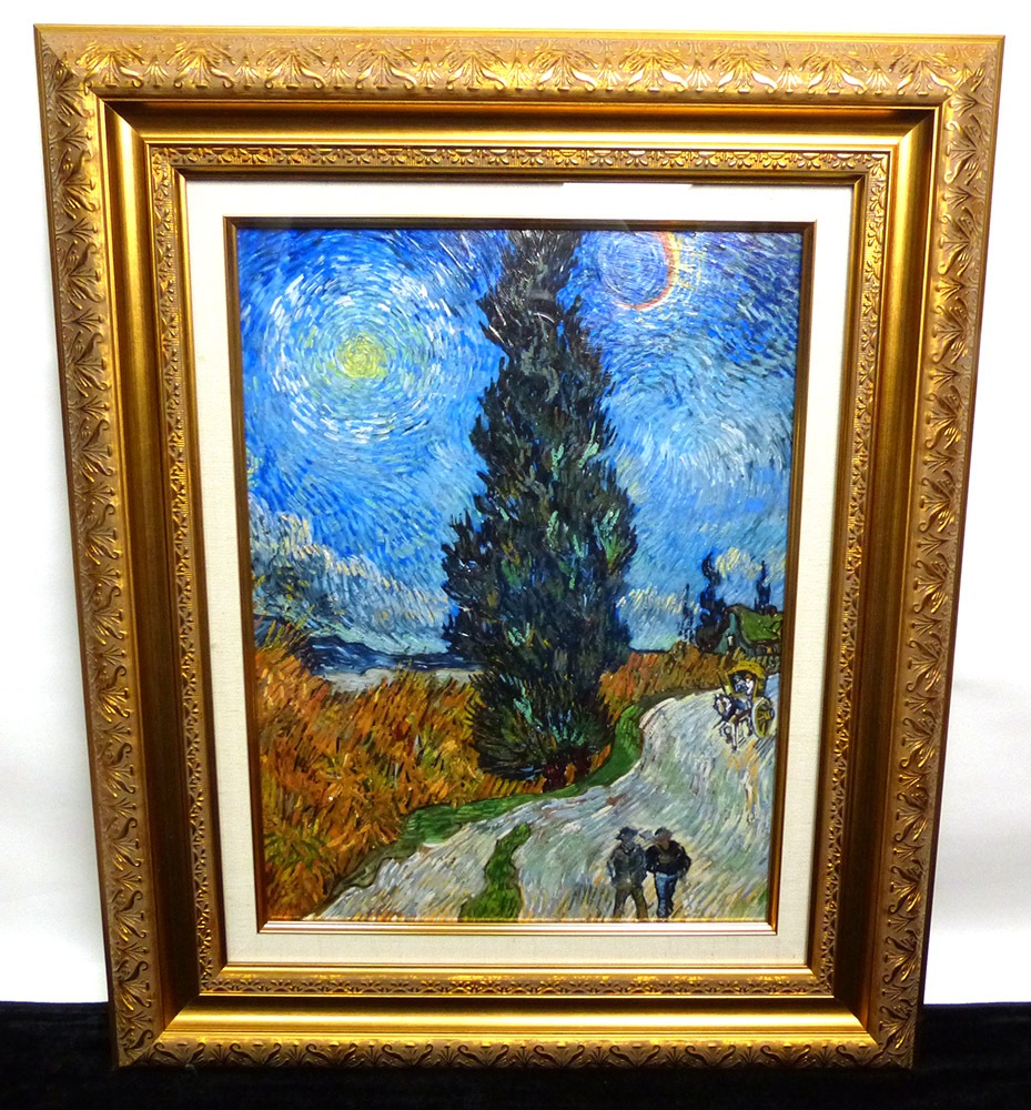 ゴッホ「糸杉と星の見える道」6号 立体複製名画 /豪華額装(ジクレー＋