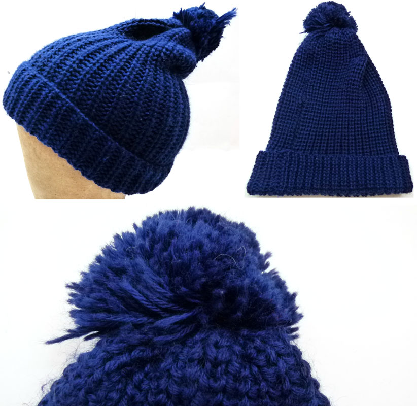 ボンボン付き無地ニットキャップ(青)【中古】【ニット帽】｜帽子