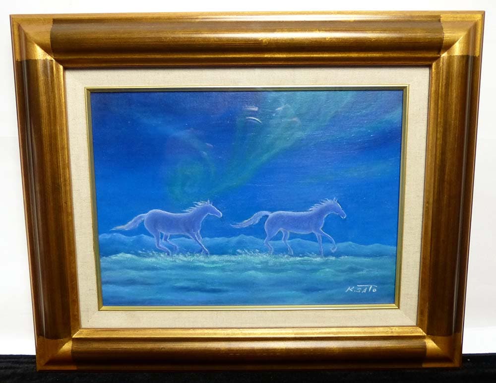 油彩 無名画家 K.SAITO作 油彩画 / 馬 / 風景画 F4/4号サイズ【中古