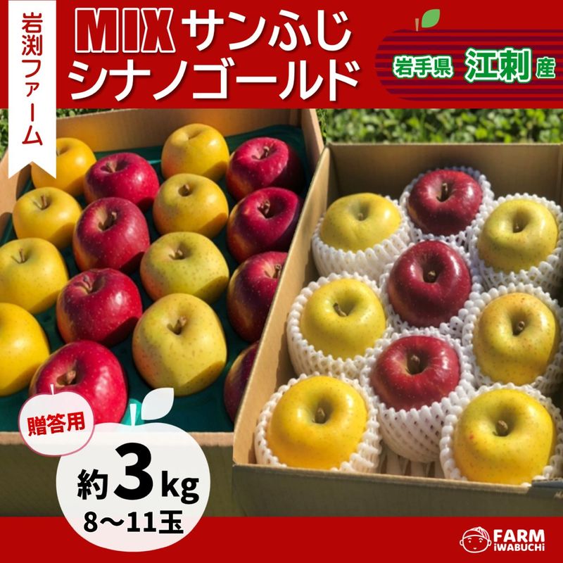 【今期の受付は終了いたしました】　岩渕ファーム　サンふじ／シナノゴールド詰め合わせ　3kg　8～11玉　江刺産りんご　　【12月上～中旬順次発送】