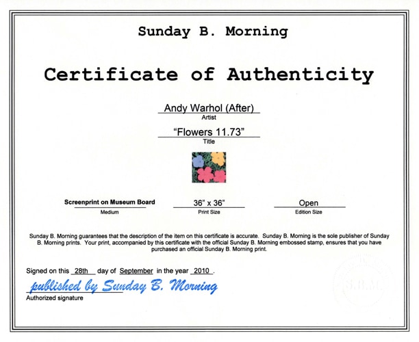 額装品/Sunday B フラワーズ オープンエディション 証明書付/ウォーホル Sunday B Morning フラワーズ オープン・エディション 証明書付