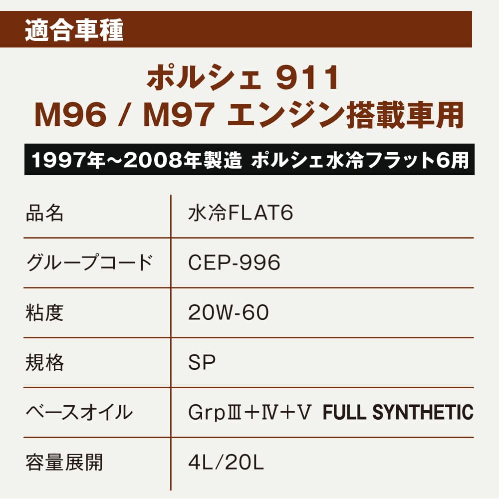 AZ 水冷FLAT6 シリンダーガード エンジンオイル 4L CLASSIC 1L【20W-60/SP/100%化学合成油/CEP-996】 自動車用 4輪用